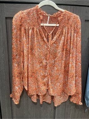 Free People Burnt Orange Floral Smocked Yoke Blouse